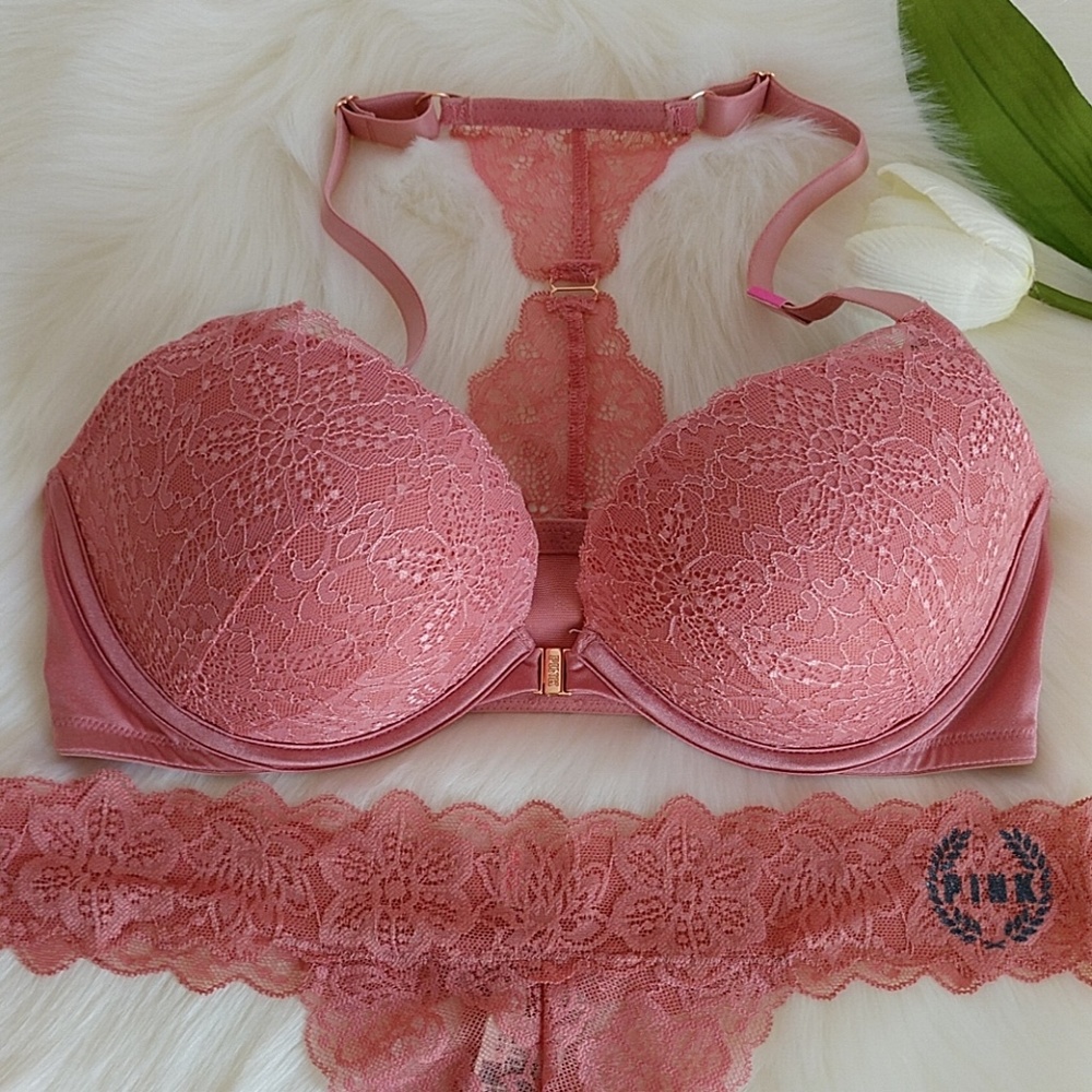 Size 36D🌺 PINK VS DATE PUSH-UP BRA + THONG L - Picture 2 of 8